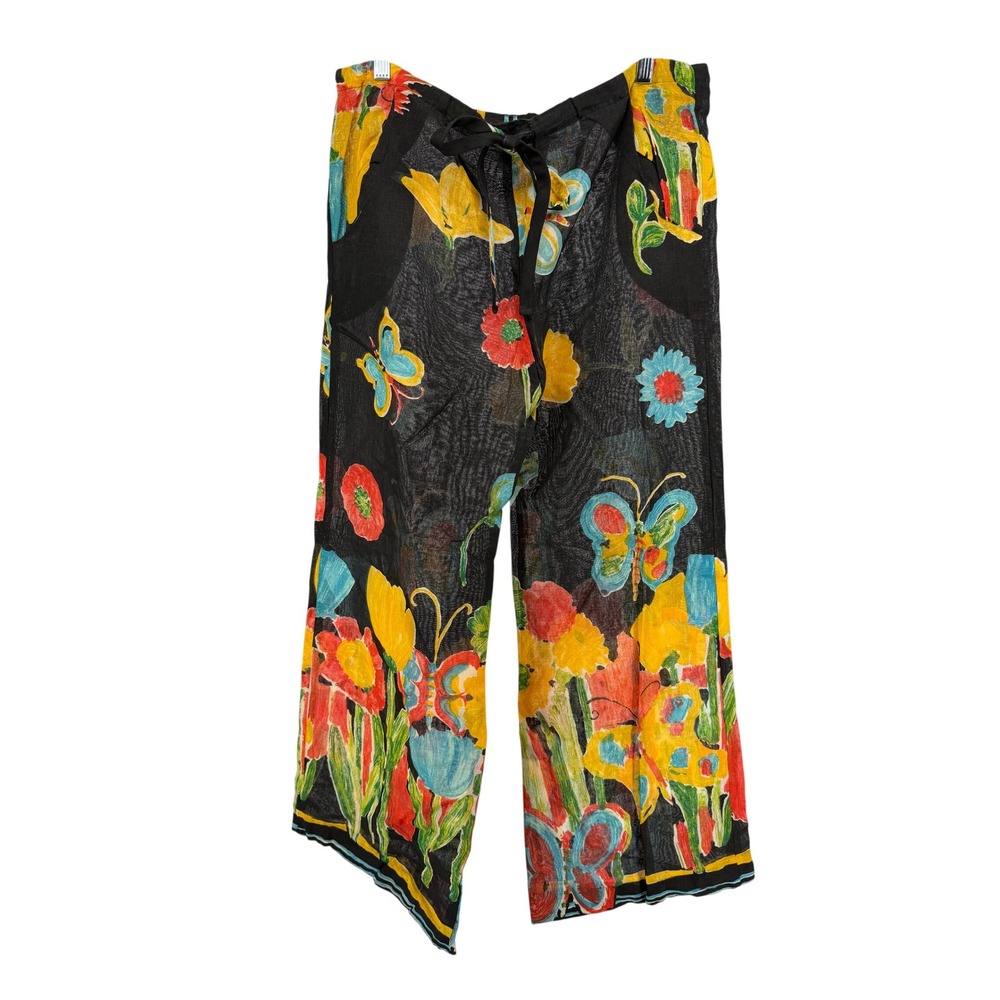 Vintage Floral Butterfly Print Wide Leg Pants Sheer Drawstring Black Multi L